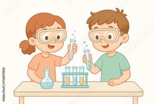 Children doing science experiment cartoon flat vector illustration 2 kids with test tubes and goggles pastel palette curious mood.