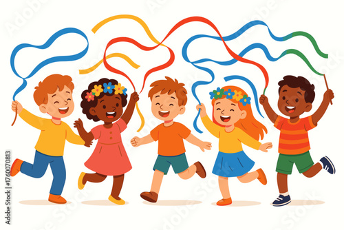 Children celebrating spring festival with ribbons cartoon flat vector illustration 5 kids dancing bright multicolor palette festive joyful mood.