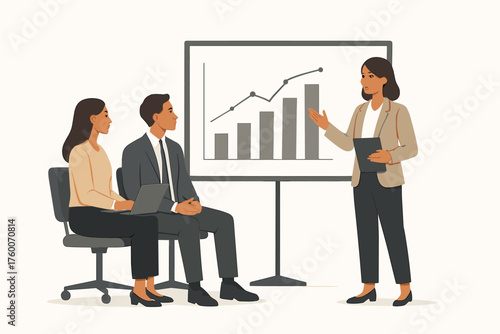 Office workers giving presentation modern flat vector illustration 3 people with chart and screen neutral corporate palette professional mood.
