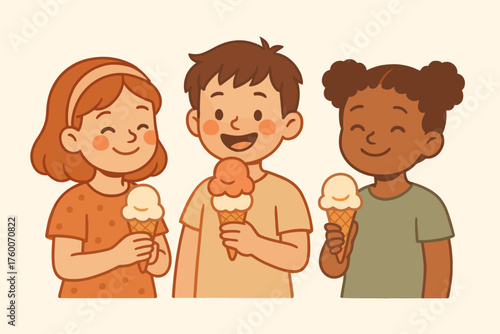 Children enjoying ice cream retro flat vector illustration 3 kids holding cones warm muted pastel palette happy relaxed mood.