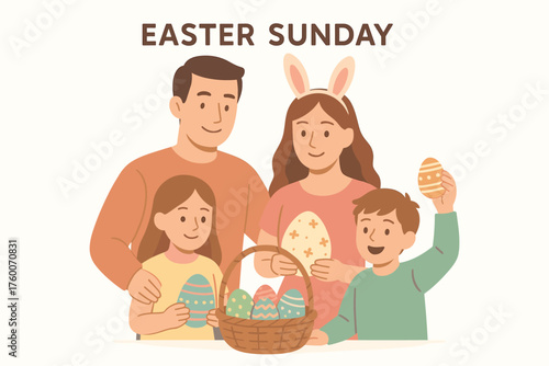 Family celebrating Easter Sunday detailed flat vector illustration 4 people with basket and decorated eggs pastel tones festive cozy mood.