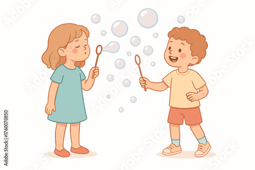 Children blowing soap bubbles detailed flat vector illustration 2 kids with sticks pastel tones playful atmosphere.