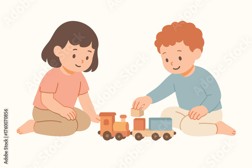 Two children playing with toy trains minimalistic flat vector illustration 2 kids on floor pastel palette playful relaxed mood.
