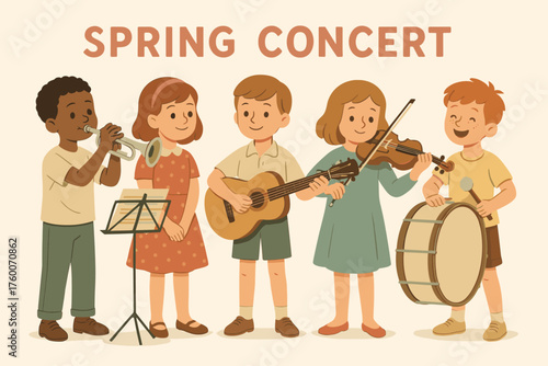 Children preparing spring concert retro flat vector illustration 5 kids with instruments muted pastel palette festive mood.