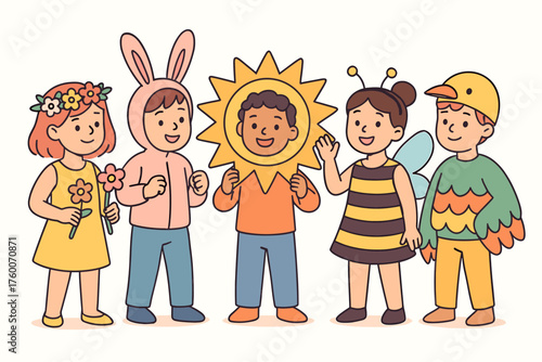 Children preparing spring festival performance outlined flat vector illustration 5 kids with costumes bright pastel palette joyful festive mood.