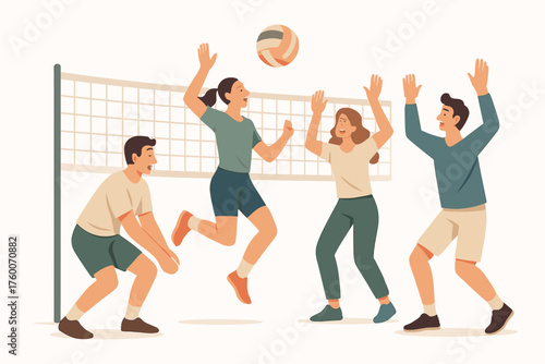 Friends playing volleyball indoors modern flat vector illustration 4 people with ball neutral corporate pastel palette dynamic energetic mood.