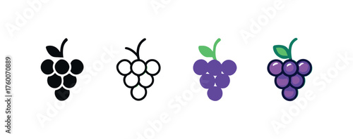 Vector icon vineyard grapes thanksgiving same pose same proportions four styles black solid glyph outline minimal flat multicolor filled cartoon flat shaded.