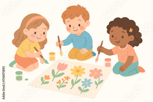 Children painting spring flowers on paper doodle flat vector illustration 3 kids with brushes and jars pastel multicolor palette playful creative mood.