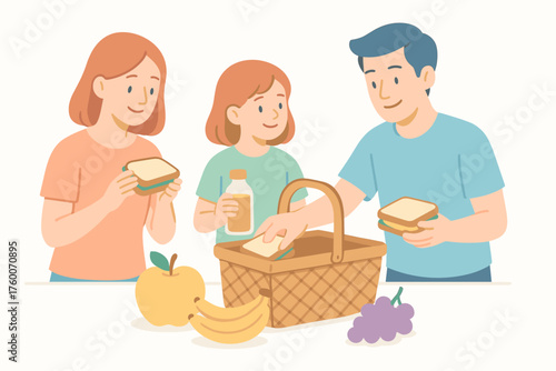 Family preparing picnic basket with fruits modern flat vector illustration 3 people with sandwiches and juice pastel multicolor palette cozy relaxed mood.