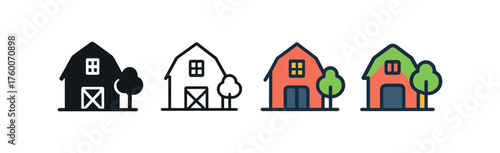 Vector icon farm house thanksgiving same pose same proportions four styles black solid glyph outline minimal flat multicolor filled cartoon flat shaded.
