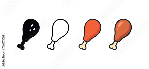 Vector icon turkey leg roasted thanksgiving same pose same proportions four styles black solid glyph outline minimal flat multicolor filled cartoon flat shaded.