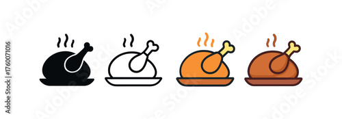 Vector icon roasted turkey thanksgiving same pose same proportions four styles black solid glyph outline minimal flat multicolor filled cartoon flat shaded.