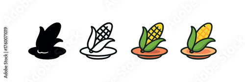 Vector icon corn on plate thanksgiving same pose same proportions four styles black solid glyph outline minimal flat multicolor filled cartoon flat shaded.