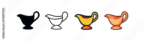 Vector icon gravy boat thanksgiving same pose same proportions four styles black solid glyph outline minimal flat multicolor filled cartoon flat shaded.