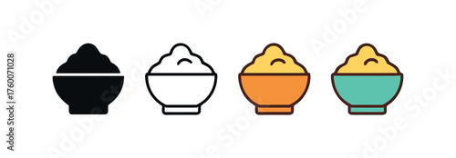 Vector icon mashed potatoes bowl thanksgiving same pose same proportions four styles black solid glyph outline minimal flat multicolor filled cartoon flat shaded.