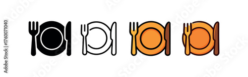 Vector icon dining plate cutlery thanksgiving same pose same proportions four styles black solid glyph outline minimal flat multicolor filled cartoon flat shaded.
