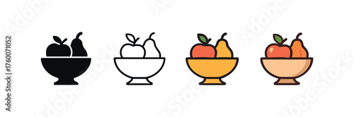 Vector icon seasonal fruit bowl thanksgiving same pose same proportions four styles black solid glyph outline minimal flat multicolor filled cartoon flat shaded.