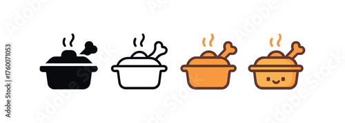 Vector icon casserole dish thanksgiving same pose same proportions four styles black solid glyph outline minimal flat multicolor filled cartoon flat shaded.