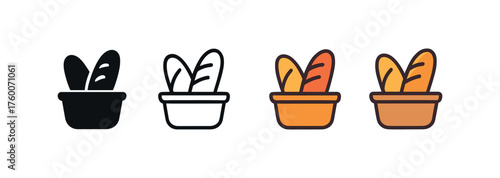 Vector icon bread basket thanksgiving same pose same proportions four styles black solid glyph outline minimal flat multicolor filled cartoon flat shaded.