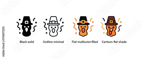 Vector icon confetti thanksgiving same pose same proportions four styles black solid glyph outline minimal flat multicolor filled cartoon flat shaded.