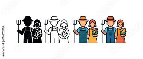 Vector icon farmer family thanksgiving same pose same proportions four styles black solid glyph outline minimal flat multicolor filled cartoon flat shaded.