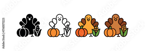 Vector icon seasonal banner thanksgiving same pose same proportions four styles black solid glyph outline minimal flat multicolor filled cartoon flat shaded.