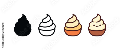 Vector icon whipped cream thanksgiving same pose same proportions four styles black solid glyph outline minimal flat multicolor filled cartoon flat shaded.
