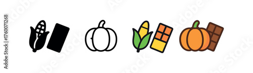 Vector icon harvest chocolate thanksgiving same pose same proportions four styles black solid glyph outline minimal flat multicolor filled cartoon flat shaded.