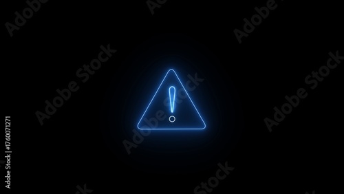 Glowing blue neon triangle with exclamation mark warning symbol on black background alert danger