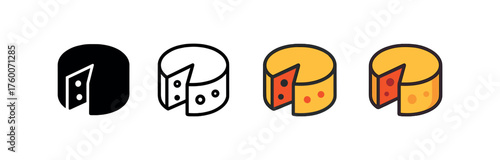 Vector icon cheese wheel thanksgiving same pose same proportions four styles black solid glyph outline minimal flat multicolor filled cartoon flat shaded.