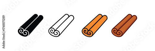 Vector icon cinnamon sticks thanksgiving same pose same proportions four styles black solid glyph outline minimal flat multicolor filled cartoon flat shaded.