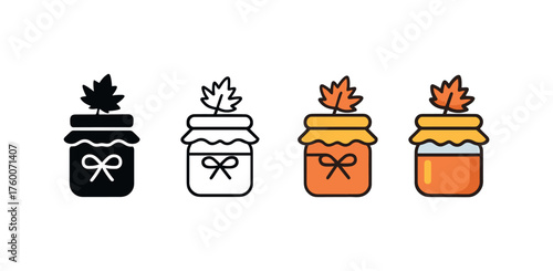 Vector icon autumn harvest jam thanksgiving same pose same proportions four styles black solid glyph outline minimal flat multicolor filled cartoon flat shaded.