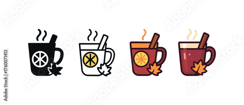 Vector icon mulled wine thanksgiving same pose same proportions four styles black solid glyph outline minimal flat multicolor filled cartoon flat shaded.