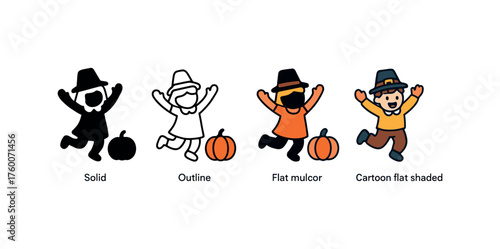 Vector icon children playing thanksgiving same pose same proportions four styles black solid glyph outline minimal flat multicolor filled cartoon flat shaded.