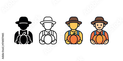 Vector icon farmer with pumpkin thanksgiving same pose same proportions four styles black solid glyph outline minimal flat multicolor filled cartoon flat shaded.