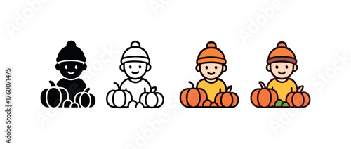 Vector icon kids in pumpkin patch thanksgiving same pose same proportions four styles black solid glyph outline minimal flat multicolor filled cartoon flat shaded.