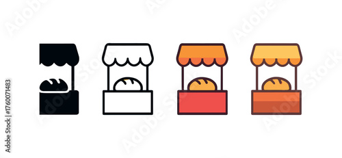 Vector icon bread stall thanksgiving same pose same proportions four styles black solid glyph outline minimal flat multicolor filled cartoon flat shaded.