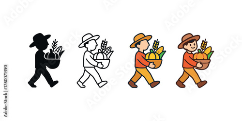 Vector icon harvest parade thanksgiving same pose same proportions four styles black solid glyph outline minimal flat multicolor filled cartoon flat shaded.