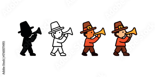 Vector icon trumpet player thanksgiving same pose same proportions four styles black solid glyph outline minimal flat multicolor filled cartoon flat shaded.