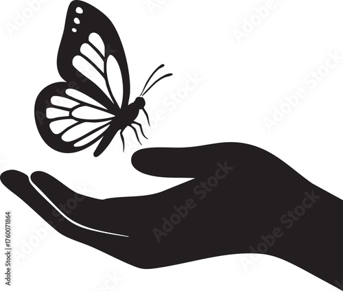 Butterfly landing on hand silhouette vector