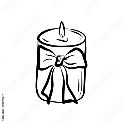 Linear illustration candle with cute bow. Festive decor on white background.