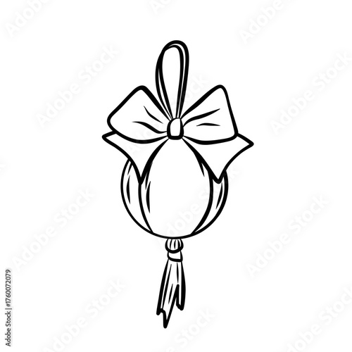 Linear Christmas tree decoration in the form ball with bow. Christmas decor on white background. 