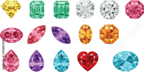 Colorful gemstone grid illustration, assorted gem shapes and cuts, jewelry design reference, vibrant crystal layout, cad drawing flat vector illustration