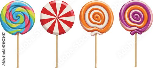 Colorful lollipop vector set, swirl and spiral candy designs, sweet treat illustration, vibrant confectionery art, cad drawing flat vector illustration