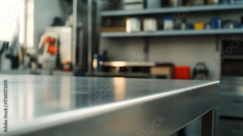 Wallpaper Mural Blurred view of a workshop featuring a large, metallic work surface in the foreground, with tools and equipment faintly visible on shelves in the background; shot with shallow depth of field. Torontodigital.ca