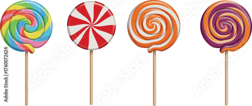 Colorful swirl lollipop set, spiral candy designs, sweet treat vector illustration, vibrant confectionery art, cad drawing flat vector illustration