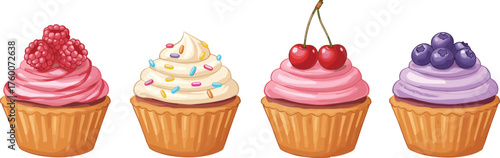 Cupcake dessert illustration set, frosting and topping variations, sweet treat vector artwork, bakery design layout, cad drawing flat vector illustration