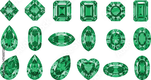 Green gemstone shape grid, faceted emerald-style cuts, jewelry design reference, crystal layout illustration, cad drawing flat vector illustration
