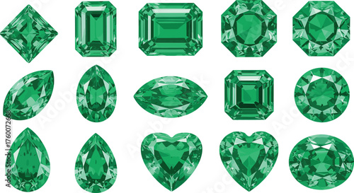 Green gemstone shape grid, faceted emerald-style cuts, jewelry design reference, crystal layout illustration, cad drawing flat vector illustration