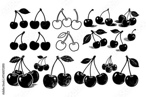 Various cherry fruit illustrations in hand-drawn graphic style on a white background. Concept of food, fruit design, natural drawing aesthetics